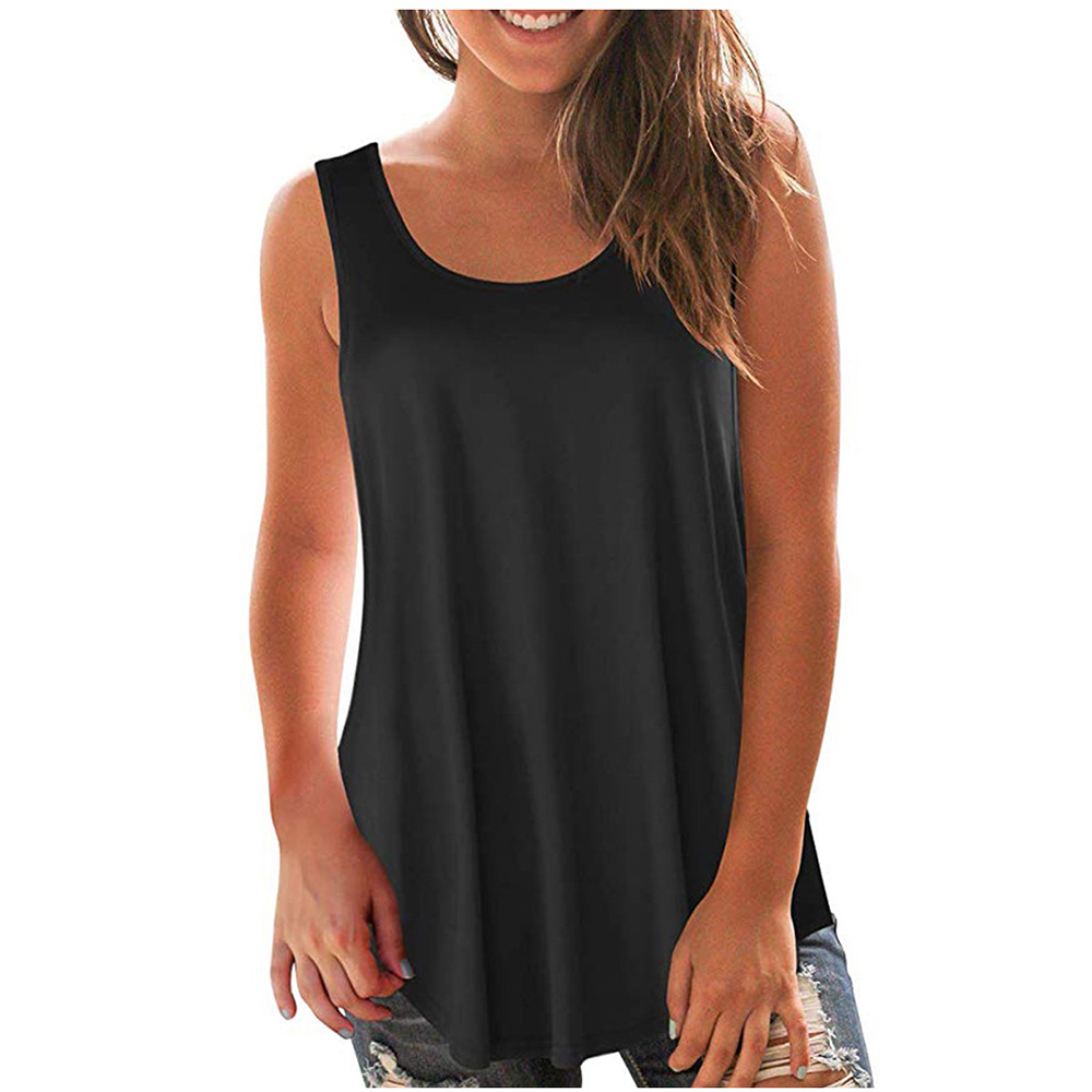 QLEICOM Womens Summer Tops Oversized T-shirts Solid Vest Round-Neck Sleeveless Casual Loose Tunic Tank Tops Women Shirts Blouses Black S
